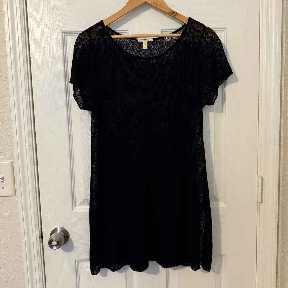 Eileen Fisher Black Linen Coverup Mesh Tunic Top Petite Small